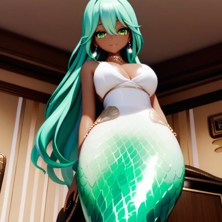 mermaid, mermaid tail below waistline, long green mermaid tail, mmd,(masterpiece, best quality:1.2)1girl,solo,dark skin, green eyes,long hair, white hail, jewelry,earrings,looking at viewer,flower,dress,white dress,indoors,bangs,hair between eyes,smile,