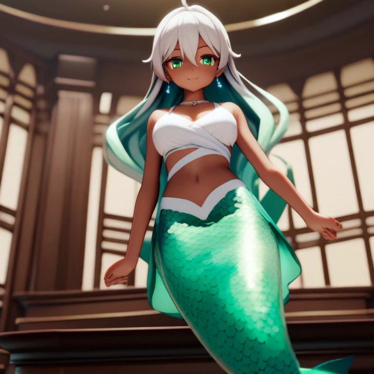 mermaid, mermaid tail below waistline, long green mermaid tail, mmd,(masterpiece, best quality:1.2)1girl,solo,dark skin, green eyes,long hair, white hail, jewelry,earrings,looking at viewer,flower,dress,white dress,indoors,bangs,hair between eyes,smile,