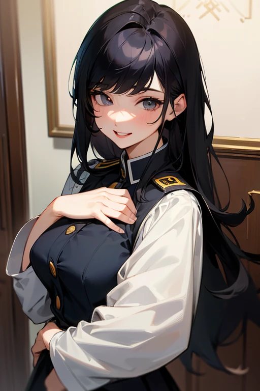 (Highest Resolution, clear_image) Highest quality, Single, One woman, alone, masterpiece, Very detailed, Semi-realistic, Black Hairのショートヘア, Black Hair, bangs, 18-year-old, mature, light blue uniform, uniform, Indoor Background, kind, Authoritative, Powerful, exquisite features, exquisite features、Eyelashes become longer、Showing teeth、smile😀、Maid clothes、woman'Fingers in the、Sleeping on the sofa、Long Hair、Fluttering in the wind、cleaning、Navy blue clothes、Long Hair、