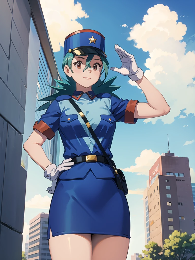 masterpiece, best quality, pkmnJenny, blue hat, police uniform, blue shirt, short sleeves, belt, pencil skirt, white gloves, cowboy shot, looking at viewer, smile, cityscape, blue sky, mature woman, large breasts, salute,, from below