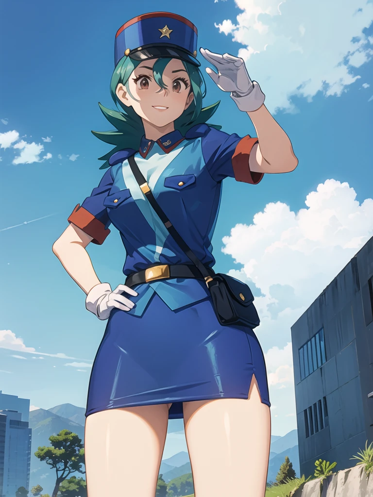 masterpiece, best quality, pkmnJenny, blue hat, police uniform, blue shirt, short sleeves, belt, pencil skirt, white gloves, cowboy shot, looking at viewer, smile, cityscape, blue sky, mature woman, large breasts, salute,, from below