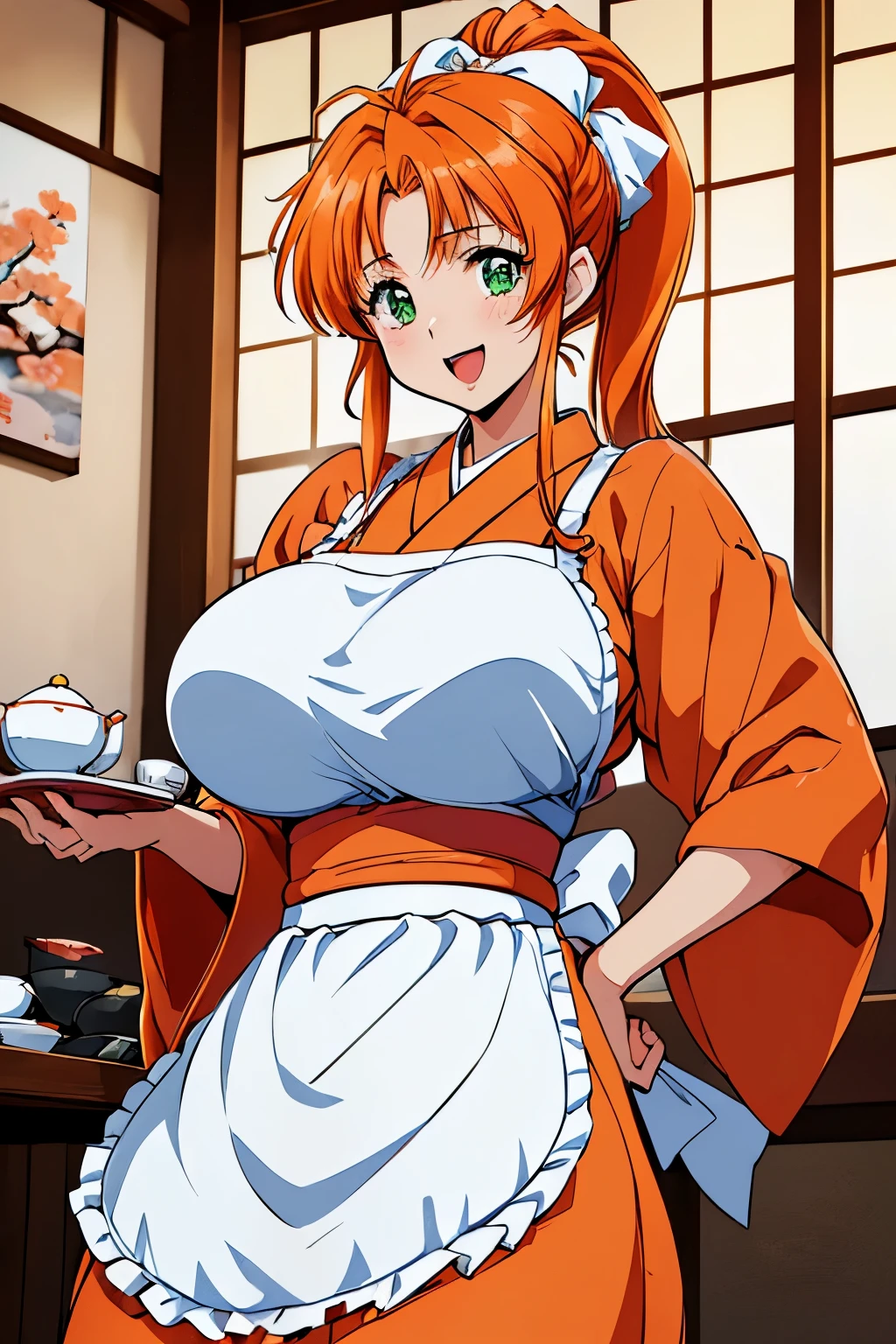 アニメ,アニメ cel style,アニメ style,High resolution, (white frill head dress,fukawa_Miku, green eyes, orange hair, long hair, updo、かんざし、ponytail, ), gigantic breasts,(Japan、or period、crowd、orange kimono、(White ?????)、Japanese tea house、Japanese-style room、Town Girl:1.5),(smile,open mouth),cowboy shot,tray、Japanese tea