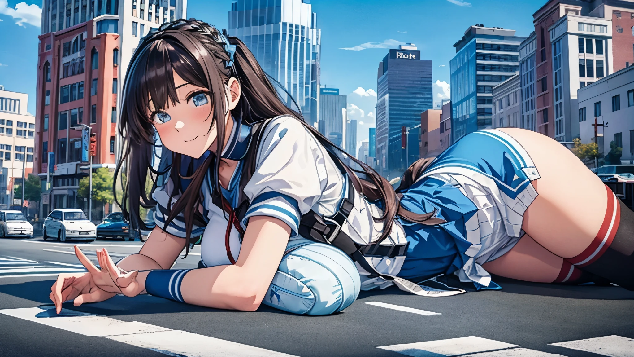 A giant girl is lying on the road　sneakers　Knee-high socks　Skyscraper district　Metropolis　blue sky　cumulonimbus　Hands on。