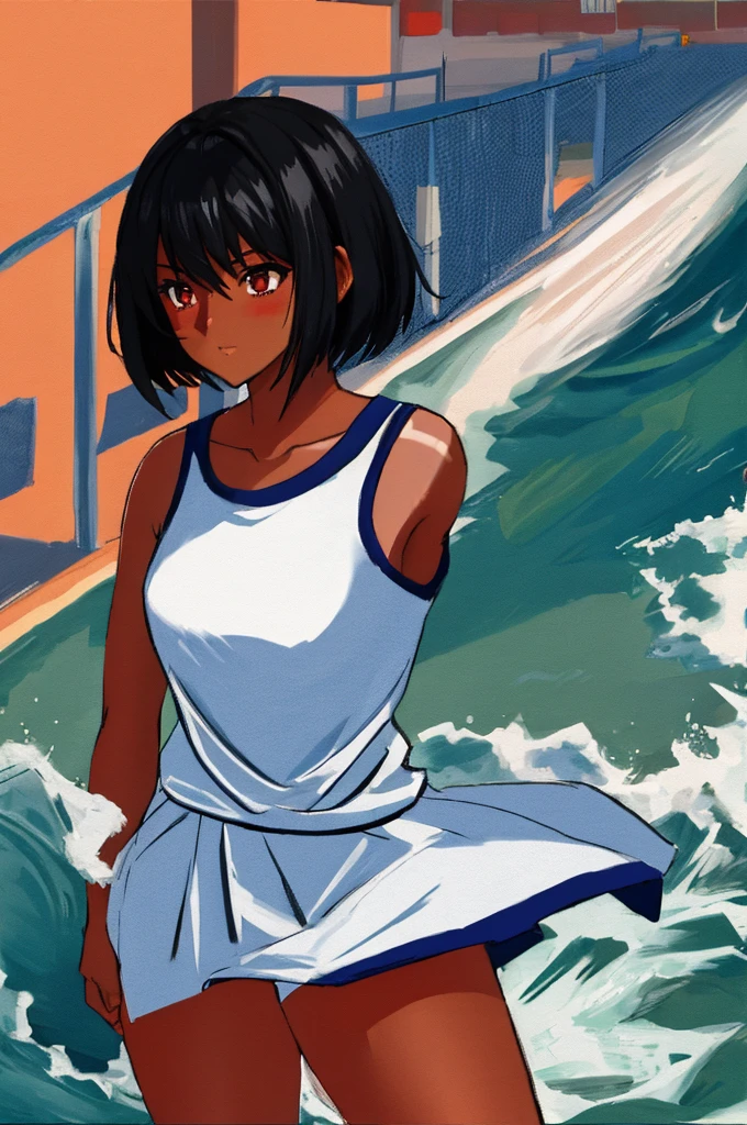 (best quality, high quality, ultra quality, Absurd:1.5), One girl, 16_years_ old, fighter, (Black Hair, Pixie Cut, Sunburn, Sunburnlines, Dark skinned women, Dark Skin:1.3), (gigantic 胸), Dark blue school swimsuit, Outdoor, sunset, beach, (ass pov), (Dutch angle:1.2),