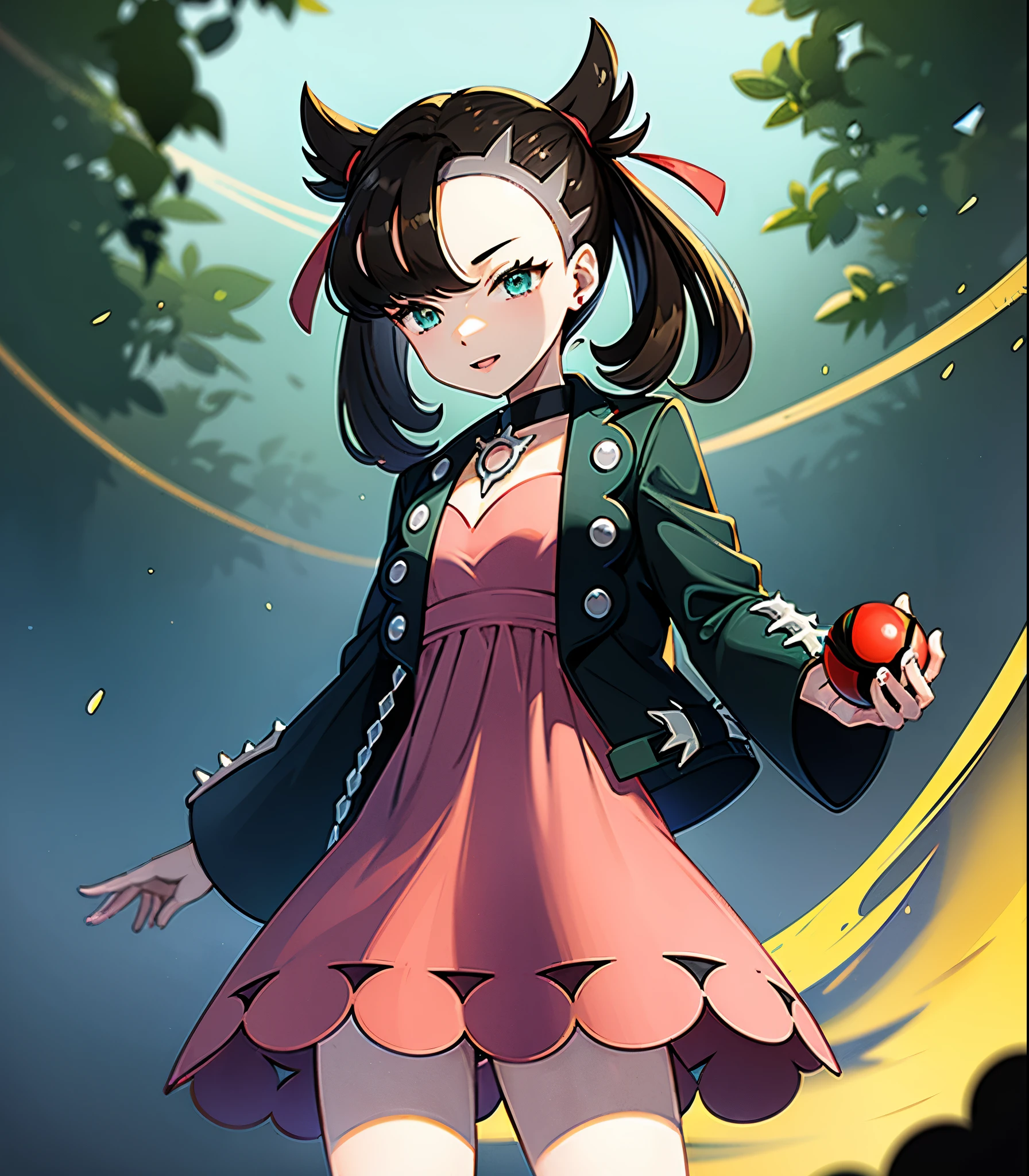 masterpiece, Highest quality, High resolution, Marnie, Aqua Eye, Black choker, Red ribbon, Pink Dress, jewelry, Black jacket, Open clothes, Long sleeve, Cowboy Shot, Are standing, forest, holding Pokéball, Pokéball \(Basic\), smile, Open your mouth,Background is wood々が生い茂るforestです.:1.2,Draw a person in the center of the screen,Depict the top of your head,{{{Perfect hand shape:1.2}}},marnie