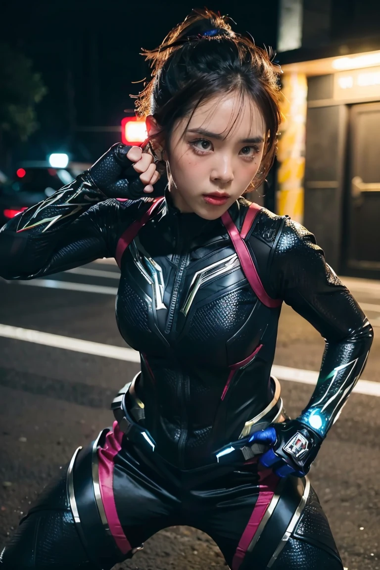 (best quality,highres:1.2), realistic, vibrant colors, detailed face and expression, fierce gaze, powerful stance, , glowing vibranium claws, night scene, strong lighting, superhero, action-packed, dynamic pose, 1 girl, Black panther suit,
