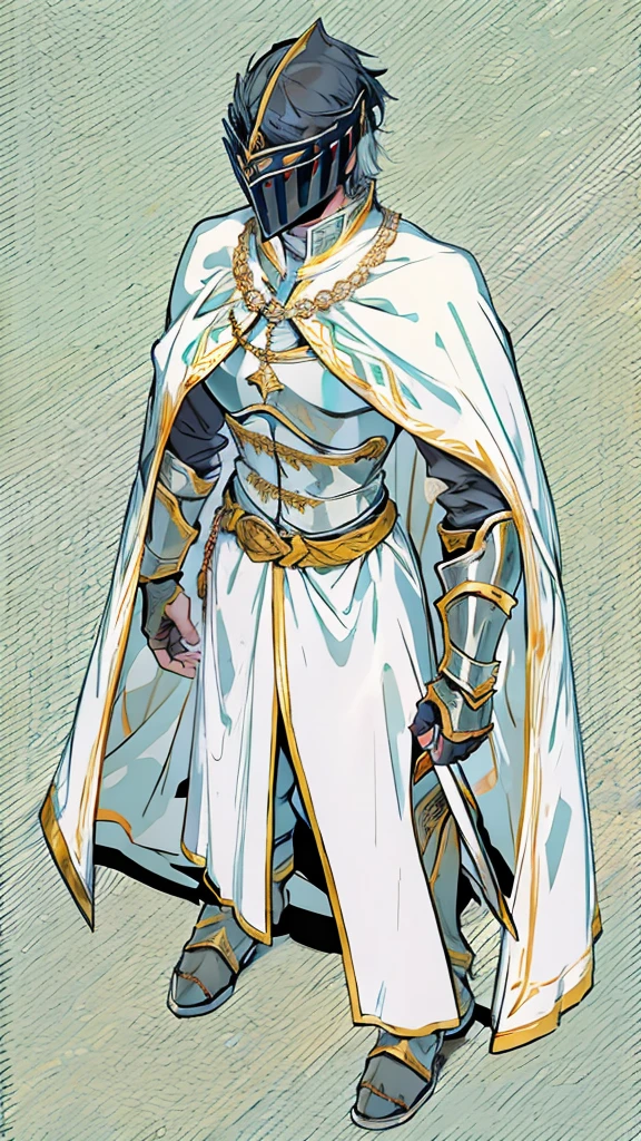 Templar warrior in armor, wearing armor and a white skirt, he also wears a cloak with gold borders