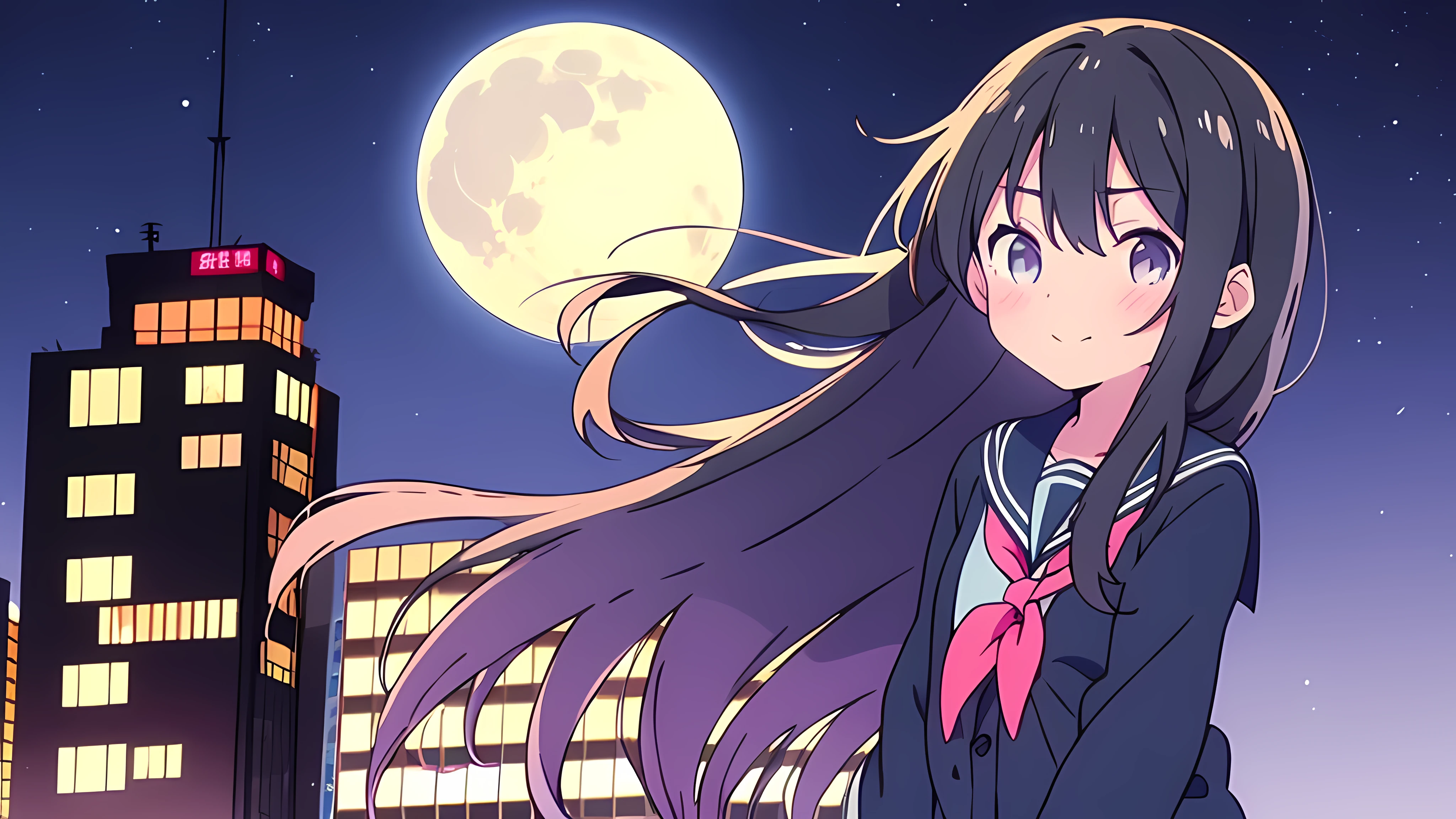 Shinjuku skyscraper district full moon night big moon elementary school girl 8-year-old flat chest black hair long hair eyes are purple ((1 person)) Cardigan on top of white long-sleeved sailor uniform Lower body navy blue