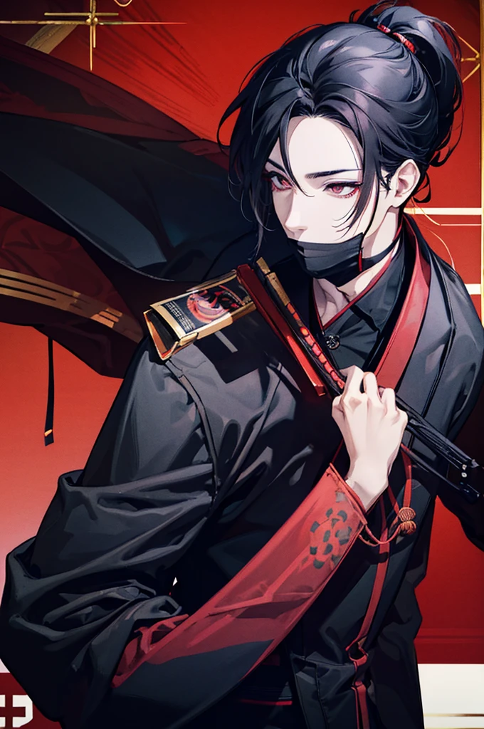 male, man, handsome, japanese, samurai, kimono, red and black, bright red eyes, long black hair in ponytail, red black designed mask covering nose and mouth, earrings dangling, sharp almond eyes, serious, tall, baggy pants, long boots, black and red theme