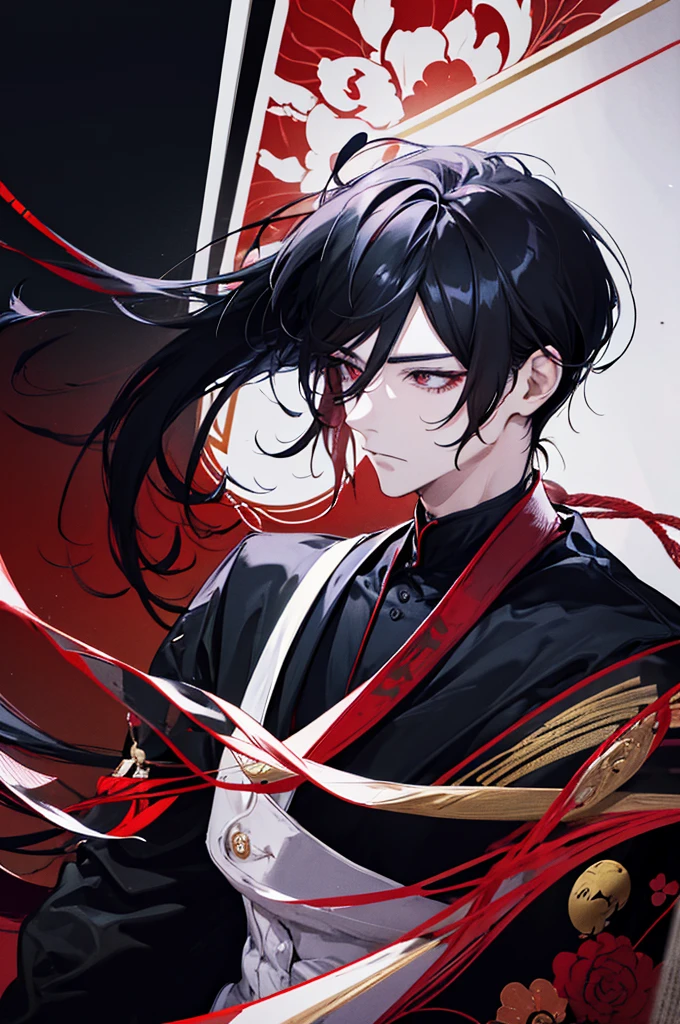 male, man, handsome, japanese, samurai, kimono, red and black, bright red eyes, long black hair in ponytail, red black designed mask covering nose and mouth, earrings dangling, sharp almond eyes, serious, tall, baggy pants, long boots, black and red theme