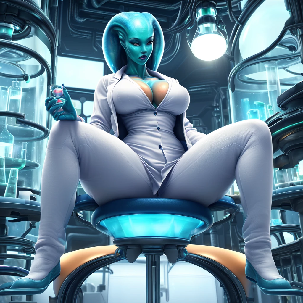 ((an ideal alien woman with a perfect figure, beautiful breasts and hips, she is wearing a tight lab coat, she sits on a chair cross-legged in a beautiful laboratory, Beautiful face, ultra realistic shot style image)), ((ultra-detailed to the smallest detail, ultra realistic 8k graphics, Best quality, masterpiece))