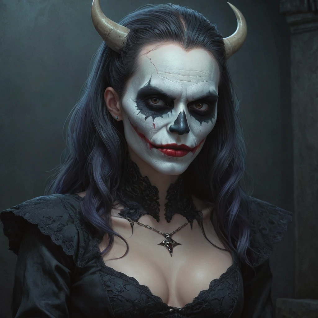 Hyperrealistic Art by Casey Weldon Skull Joker Devil Concept Art Portrait, Olga Kvasha, Miho Hirano, Super detailed and intricate gothic art on Artstation、Three-color color matching、Exquisite Matte Paintings in Unreal Engine 5, Dark color, Fantasy, Intricate details, Splash screen, Complementary Color, Fantasy Concept Art, 8k resolution, Gothic deviantart masterpiece . Extremely high resolution detail, photograph, Realism pushed to the limit, Fine texture, Incredibly realistic,
