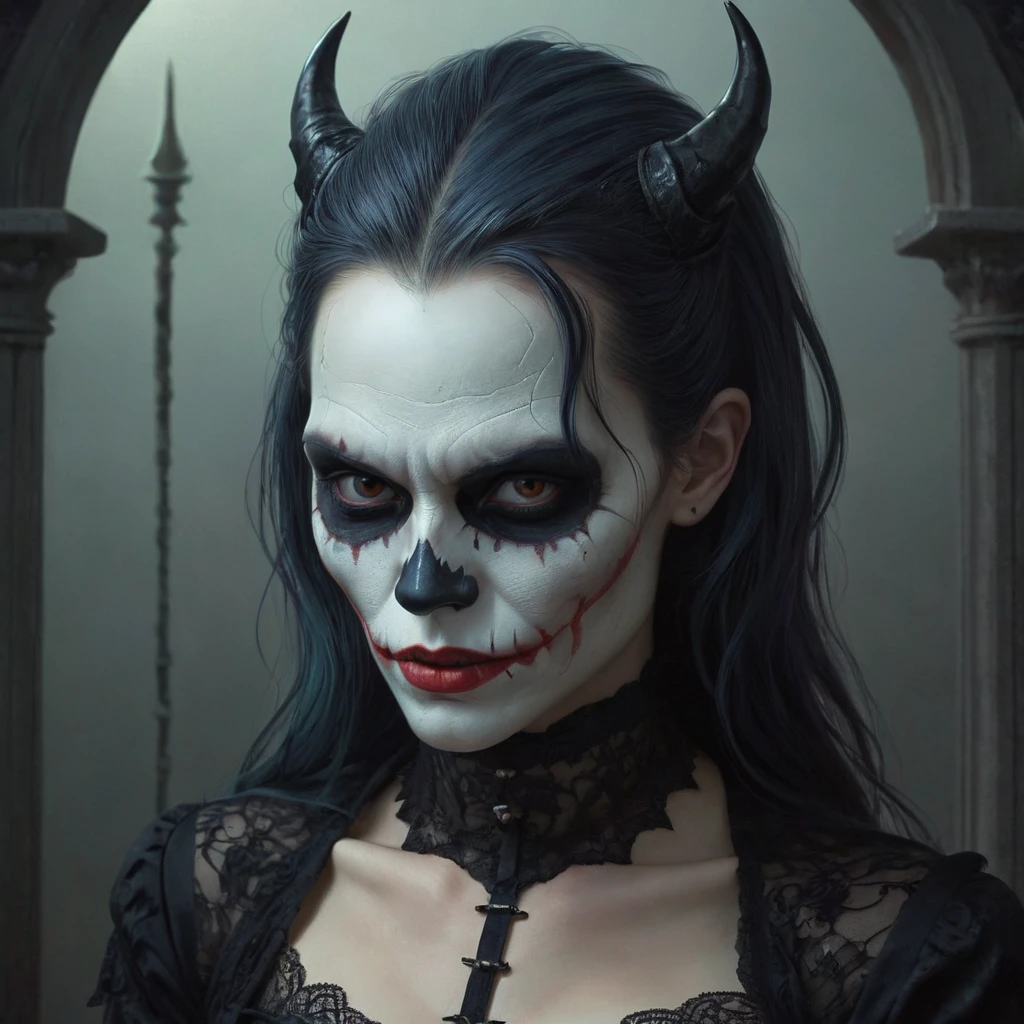 Hyperrealistic Art by Casey Weldon Skull Joker Devil Concept Art Portrait, Olga Kvasha, Miho Hirano, Super detailed and intricate gothic art on Artstation、Three-color color matching、Exquisite Matte Paintings in Unreal Engine 5, Dark color, Fantasy, Intricate details, Splash screen, Complementary Color, Fantasy Concept Art, 8k resolution, Gothic deviantart masterpiece . Extremely high resolution detail, photograph, Realism pushed to the limit, Fine texture, Incredibly realistic,
