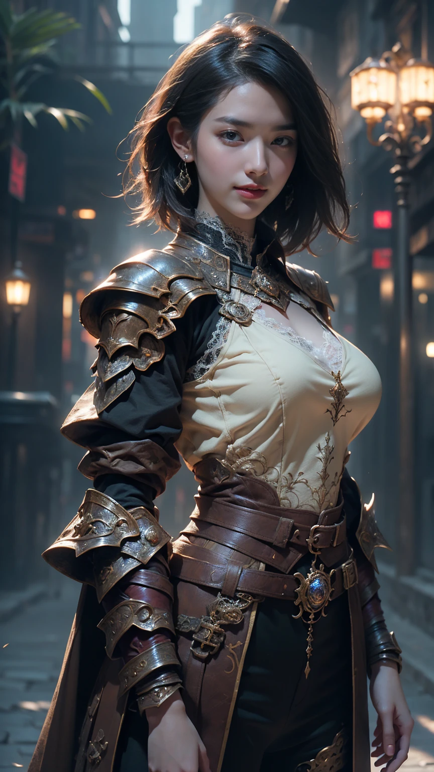 ((Front facing)), Game art，The best picture quality，Highest resolution，32K，(A bust photograph)，(Portrait)，(Head close-up)，(Rule of thirds)，Unreal Engine 5 rendering works， (The Girl of the Future)，(Female Warrior)， 20-year-old girl，sexy,  elegant smile, short hair, ((Hunter, Marshal gunsling))，An eye rich in detail，(Big breasts)，Elegant and noble，indifferent，brave， （Medieval-style fur combat clothing, sexy lace top，Glowing magic lines，Animal skin clothing with rich detailedieval Lady Knight，Medieval ranger， photo poses，simple background，Movie lights，Ray tracing，Game CG，((3D Unreal Engine))，OC rendering reflection pattern