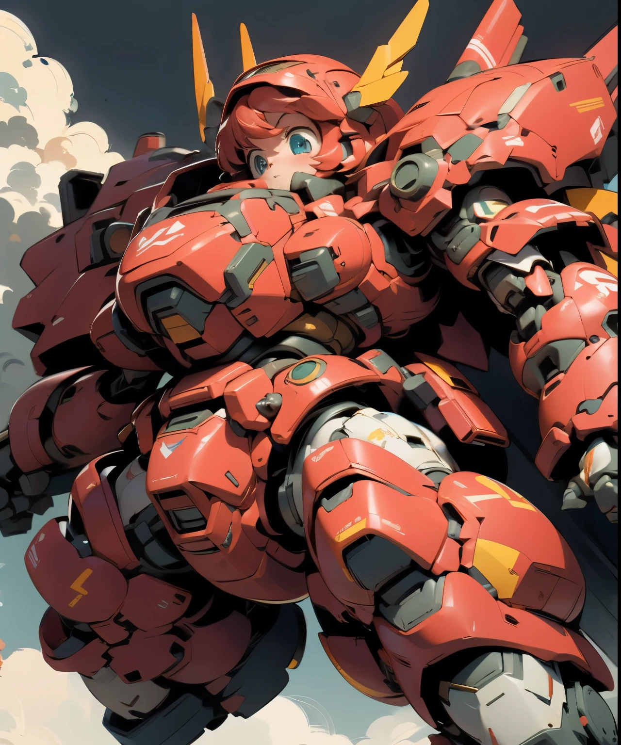 (((1 chibi girl in large red-colored robot costume, from below))), (holding weapons), (chibi), (bulky:1.8), (((helmet:1.5))), large cute face, (((looking down:1.8))), mechanical parts, ((mechanical wings)), (full armor:1.8), (mecha armor:1.8), (shoulder guards:1.2),(huger arms), ((mechanical arms:1.5)), (short legs), (huger body:1.8), (heavy equipment:1.6), (from below), (headgear), blue sky, white clouds, robot joints, becoming a mecha, mecha, (RARS), (HRS), ROBOTANIMESTYLE, BJ_Cute_Mech,cute, girl BREAK ((masterpiece)), vibrant colors, 8k, best quality, ultra detailed illustration, ((best quality)), ((high resolution)), flawless skin textures, shiny oiled skin, extremely detailed anime eyes , extreme light and shadow