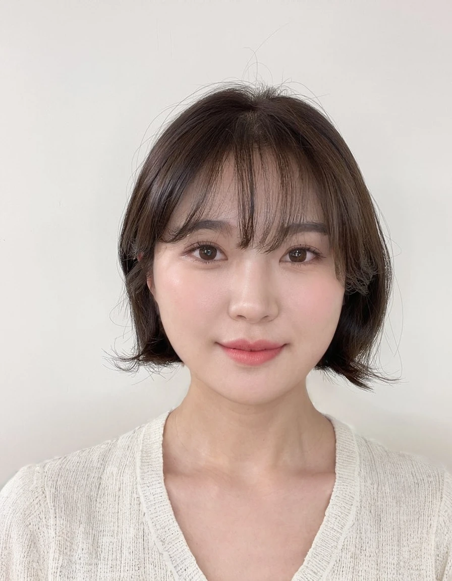 Best Quality, 8k, Masterpiece, (Portrait: 1.3), (photo realistic:1.4), (hyper realistic:1.4), Sharp Focus, looking at viewer, (smoother lighting:1.1), (increase cinematic lighting quality:0.9), realistic lighting, backlighting, light on face, ray trace, (brightening light:1.2), (Increase quality:1.4), sharp detail, (best quality real texture skin:1.4), finely detailed eyes, black_eyes, finely detailed face, 25 year old Korean woman, (pink off-shoulder_shirt:1.4), (Create an image maintaining the original base model hairstyle:1.5)