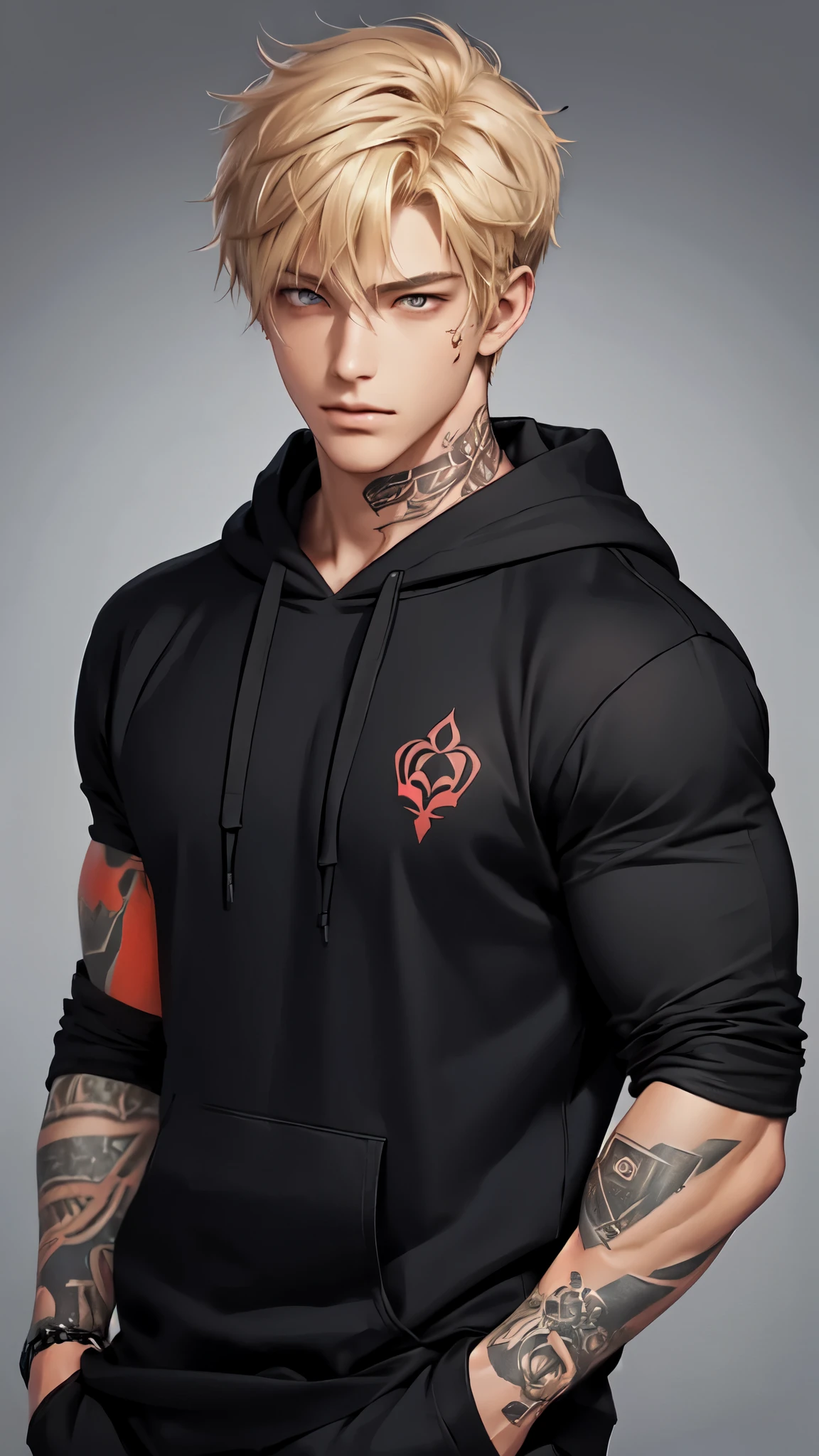 Handsome young man, blond, Orange Eyes, short hair, Black Hoodie,high quality, Draw Amount, pixiv illustrations,Tanned skin,Red tattoo on the arm