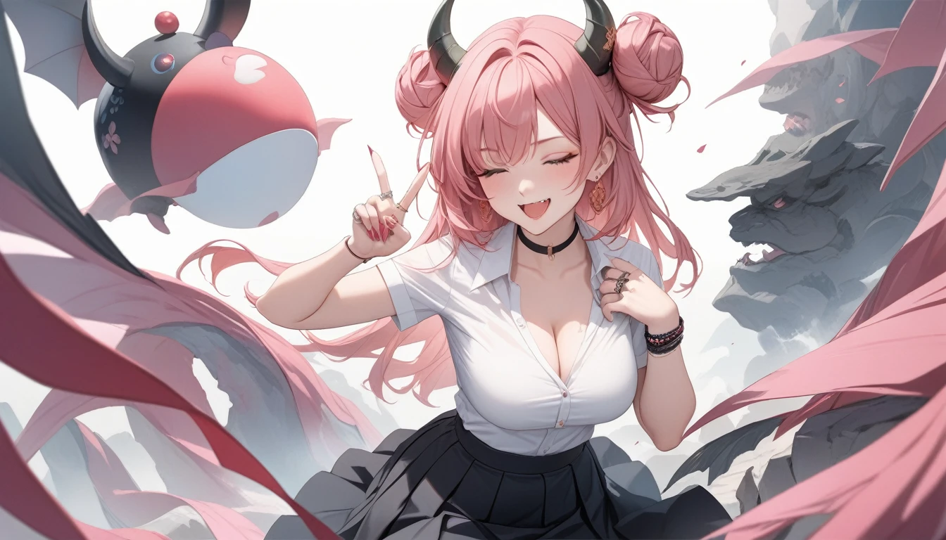 1girl, kirara \(blue archive\), blue archive, black choker, black horns, black skirt, blush, breasts, choker, cleavage, collarbone, collared shirt, cowboy shot, demon horns, double bun, earrings, fang, fingernails, hair bun, horns, jewelry, large breasts, long fingernails, long hair, looking at viewer, nail polish, one eye closed, open mouth, pink hair, pink nails, red eyes, ring, shirt, short sleeves, simple background, skirt, smile, solo, v, white background, white shirt,  looking at viewer, (masterpiece), (best quality), (ultra-detailed), very aesthetic, illustration, perfect composition, moist skin, intricate details, mysterious, fantasy, 