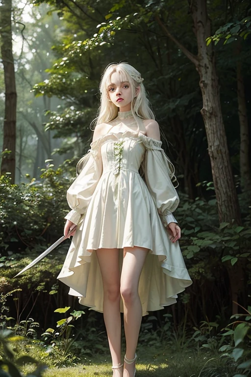 15 year old girl, , slim, flat chest, short white hair, extremely curly, perfect face, short dress, green color, Victorian, long sleeve, to the neck, showing her legs, holds a short sword with both hands. In a forest, at night.