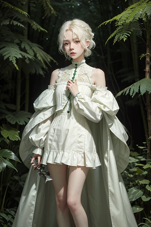 15 year old girl, , slim, flat chest, short white hair, extremely curly, perfect face, short dress, green color, Victorian, long sleeve, to the neck, showing her legs, holds a short sword with both hands. In a forest, at night.