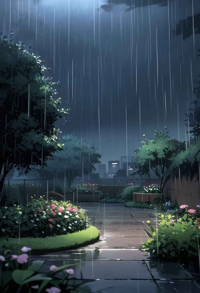 just a picture.Depressing picture.Picture of a garden with rain.Night time.