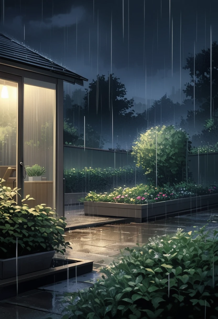 just a picture.Depressing picture.Picture of a garden with rain.Night time.