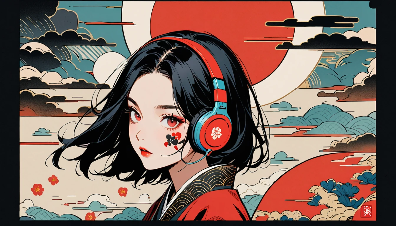 japanese kabuki, Red Eyes, 1 girl, Tattoo on face, Japanese style headphones, beautiful girl, Black Hair, Delicate and precise, Modern ukiyo-e style, Multicolored background