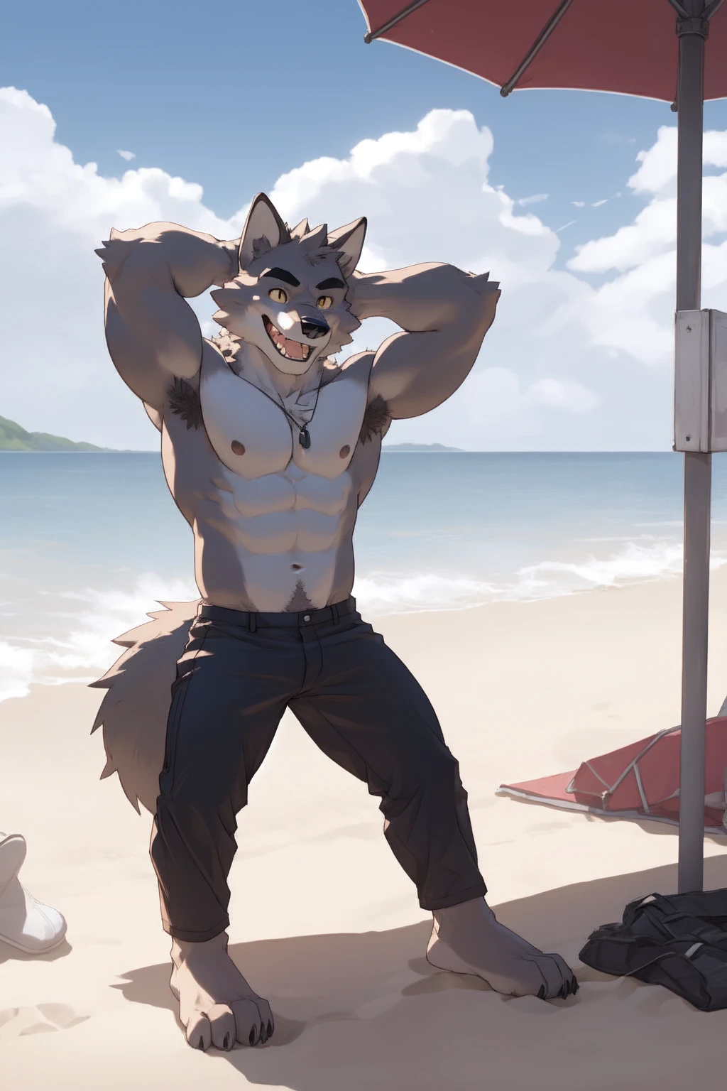 Mr wolf, male, wolf, shirtless, wearing black pants, happy, bare feet, at the beach, hairy armpits, hd 8k 