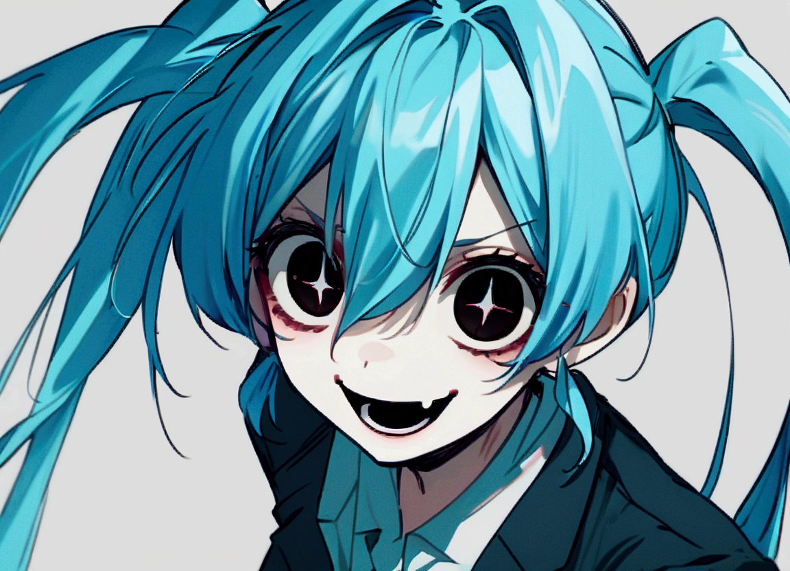 Light blue hair, twin-tail hair, female, black business suit, scary smile