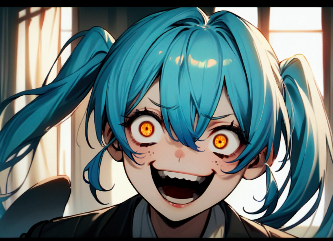 Light blue hair, twin-tail hair, female, black business suit, scary smile