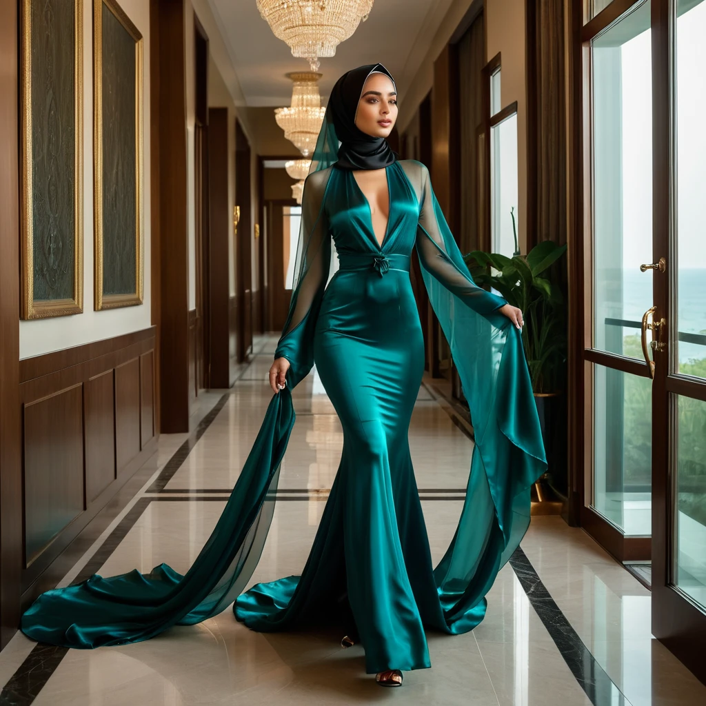 a woman in the translucent silk gown, tight full body tied, nipple on, satin hijab, full body, double long satin tail, mermaid tight long gown, flowy dramatic long gown, tall women, walk in coridor, strugle to walk, wear high heels, masterpice