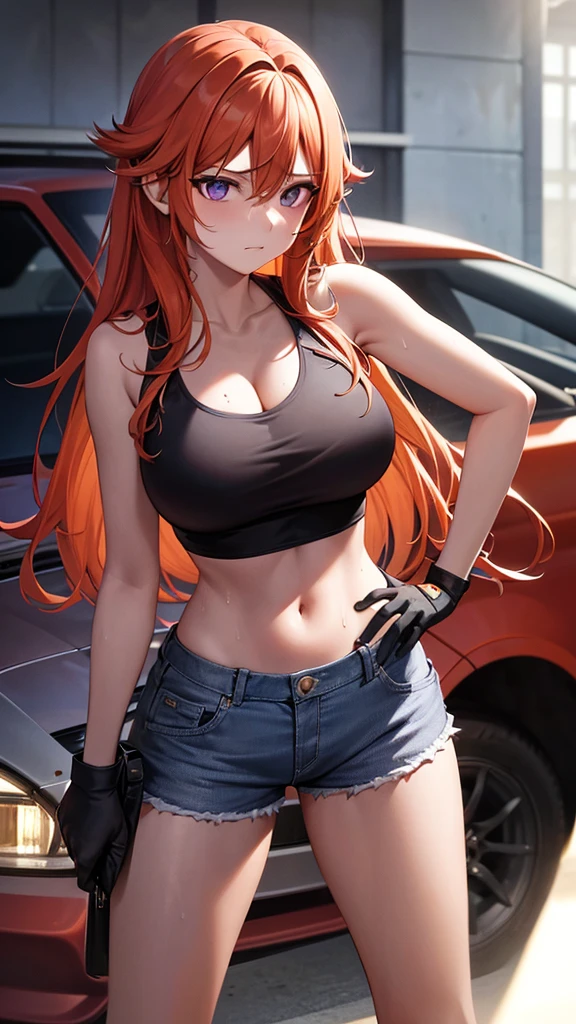 older, leaning, holding wrench, adult, cleavagemature, Orange hair, long hair, wavy hair,, purple eyes, goggles on head, dirty, purple bra, midriff, shorts, disgusted, garage, in front of car, fixing car, sweating, dirty, ultra-detailed, absurdres, unreal engine, masterpiece, best quality, beautiful eyes, volumetric lighting, silky_hair), best quality, ultra-detailed, looking at viewer, highres, 8k wallpaper, extremely detailed, smooth lighting, 8k, depth of field, masterpiece, cinematic lighting,,1girl