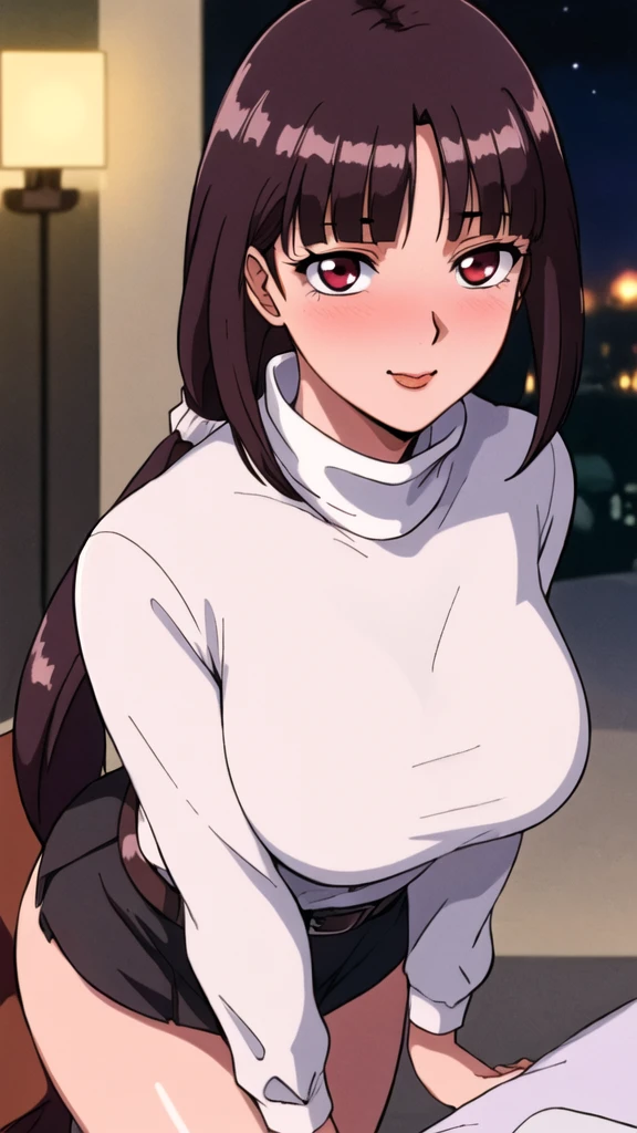 white turtleneck, black pencil shirt,black short skirt, belt,hair ornament, hair scrunchie,low ponytail, long hair, bangs, brunette, black hair, blunt bangs, big red eyes, alone, 1 girl, Young female, 18 years old, sexy gal, very cute, smile, Beautiful Finger,Beautiful long legs,Beautiful body,Beautiful Nose,Beautiful character design, perfect eyes, perfect face,expressive eyes, looking at viewer, in the center of the image,(light smile:0.5), official art, outdoor, portrait, perfect lighting,Colorful, Bright_Front_face_Lighting,shiny skin, (masterpiece:1.0),(best quality:1.0), ultra high res,4K,ultra-detailed, photography, 8K, HDR, highres, absurdres:1.2, Kodak portra 400, film grain, blurry background, bokeh:1.2, lens flare, (vibrant_color:1.2), (beautiful face), (curvy body), (ashamed, blushing), glossy lip rouge, glossy crimson rouge, (jealousy), SFW, seductive, charming,(attractive,enchanting,fascinating,captivating,bewitching,enthralling,entrancing,attractive,gripping,engrossing),airport,night,fullmoon,bluemoon,(flush, blush, flushing, suffusion),(perplexity; aporioneurosis; quandary; bewilderment; embarrassment)