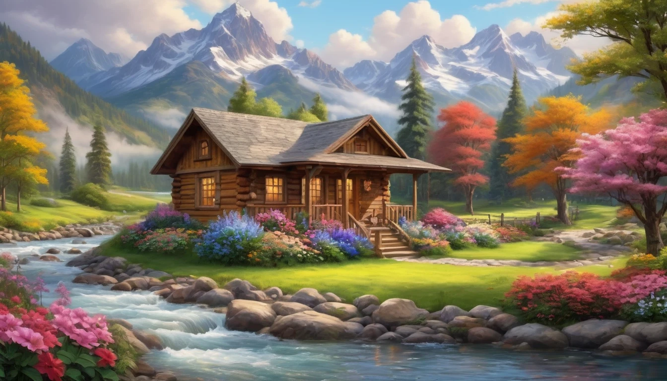 a cabin by a river with a mountain in the background, ((flowers aside of fence)), peaceful scene, peaceful landscape, in a serene landscape, scenery artwork, tranquil scene, style of Thomas Kinkade, breathtaking masterpiece of art, dream scenery art, 8k high Res, hyper detailed, impasto.