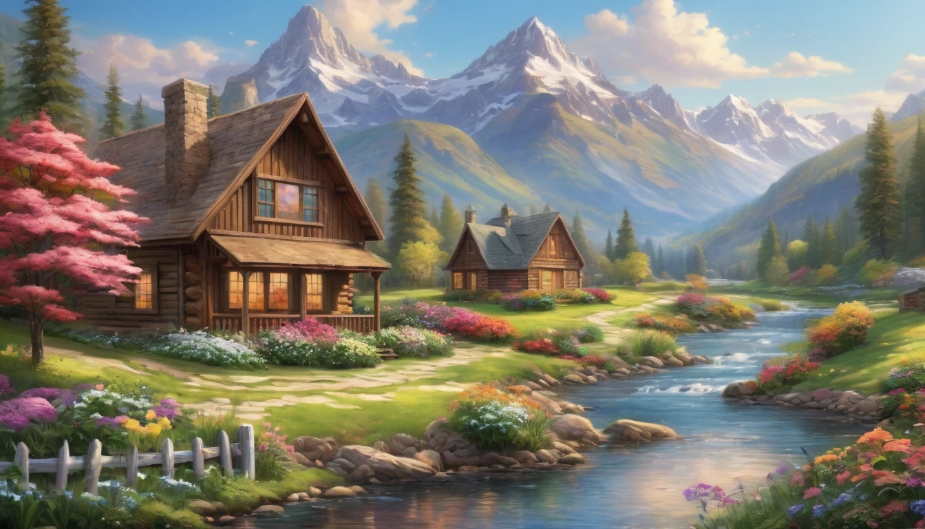 a cabin by a river with a mountain in the background, ((flowers aside of fence)), peaceful scene, peaceful landscape, in a serene landscape, scenery artwork, tranquil scene, style of Thomas Kinkade, breathtaking masterpiece of art, dream scenery art, 8k high Res, hyper detailed, impasto.