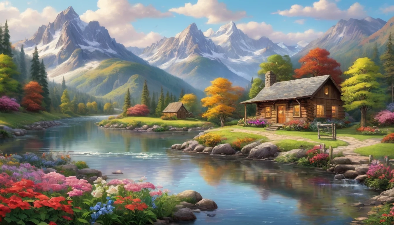 a cabin by a river with a mountain in the background, ((flowers aside of fence)), peaceful scene, peaceful landscape, in a serene landscape, scenery artwork, tranquil scene, style of Thomas Kinkade, breathtaking masterpiece of art, dream scenery art, 8k high Res, hyper detailed, impasto.