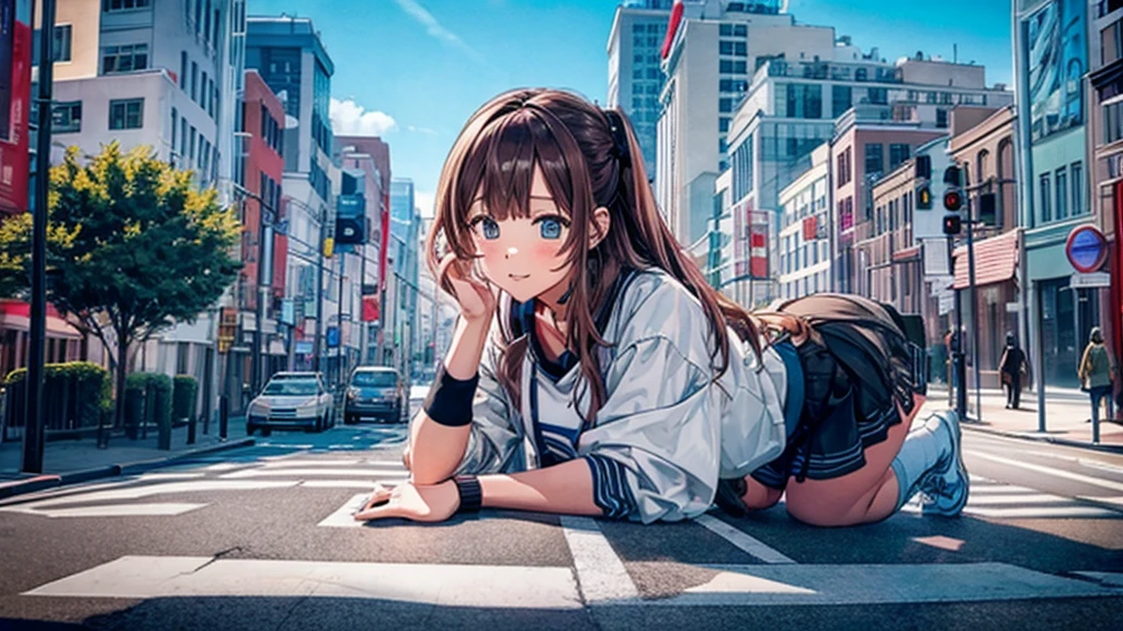 A giant girl is lying on the road sneakers Knee-high socks Skyscraper district Metropolis blue sky cumulonimbus Hands on。car crowd Five fingers Perfect hands skirt