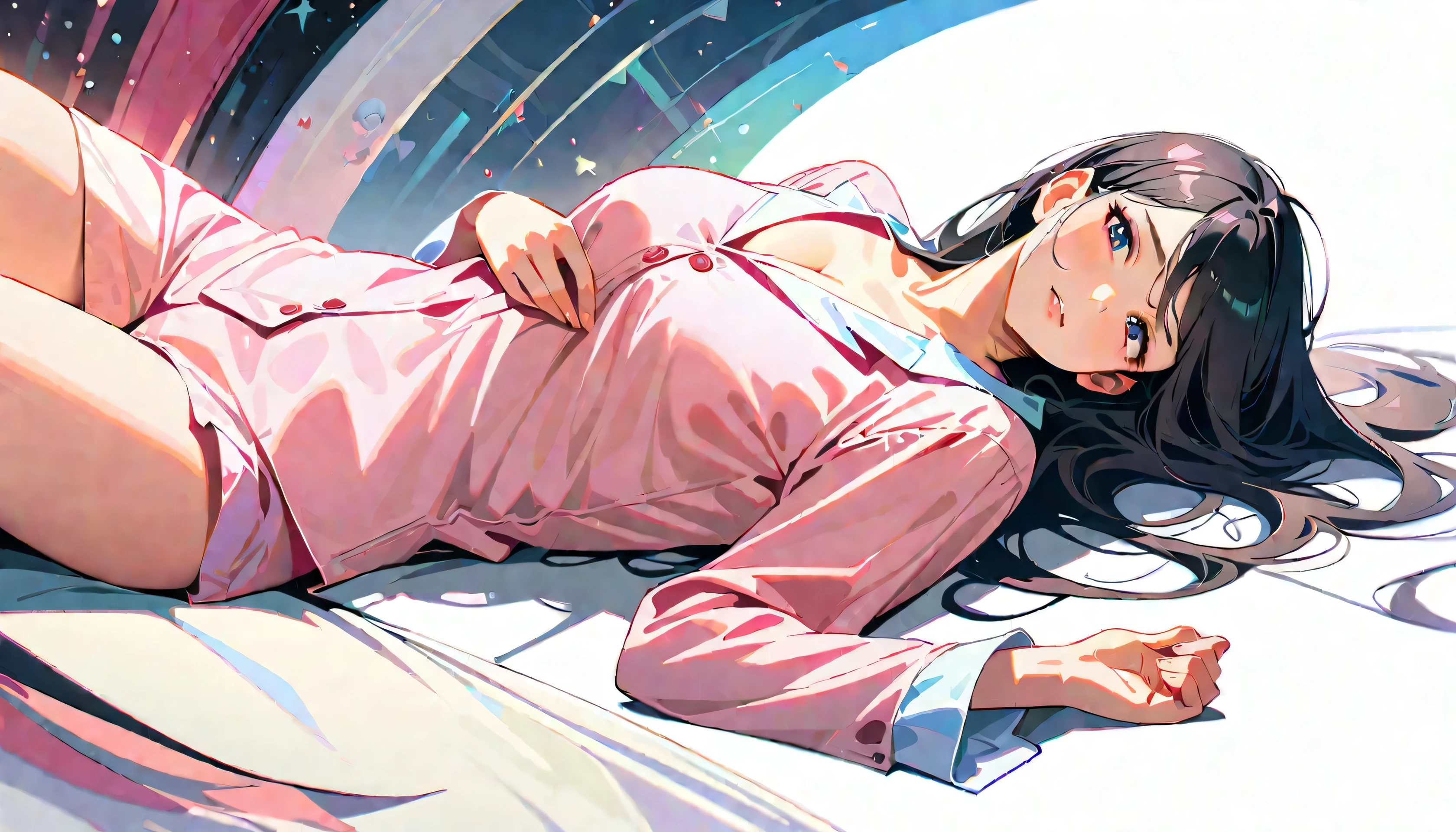 20-year-old,One mature woman,Surreal, 8k, (extremely detailed 8k), (Very delicate and beautiful), (masterpiece), (Better Quality:1.0), (Ultra-high resolution:1.0), (masterpiece, Highest quality),cute,Black Hair,Long Hair,whole body,White Background,Realistic Skin,pajamas,lie on one&#39;s stomach,Wicked Smile、Bedroom、sleeping face、Sleeping soundly