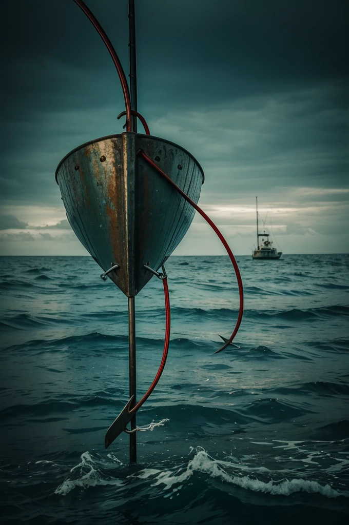 Fishing hook on the bottom of the sea (give a mysterious and gloomy touch to the image as nostalgic)