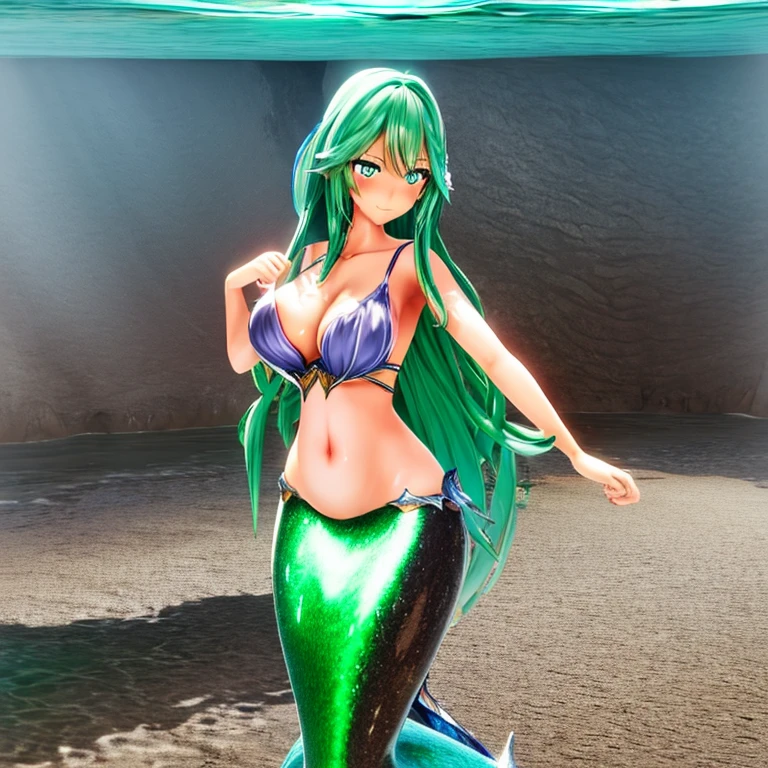 mermaid, mermaid tail below waistline, long green mermaid tail, MMD style, 1 girl, dark skin, solo, long hair, long silver hair, green eyes, smile, red blush, brown lips happy face, shiny brown skin, shiny hair, large breasts, cleavage, bra underwater sea, coral, fish, castle background,