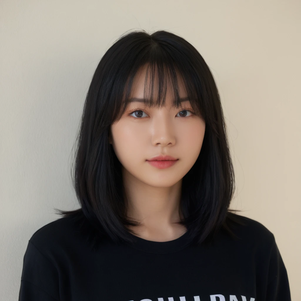 Best Quality, 8k, Masterpiece, (Portrait: 1.3), (photo realistic:1.4), (hyper realistic:1.4), Sharp Focus, looking at viewer, (smoother lighting:1.1), (increase cinematic lighting quality:0.9), realistic lighting, backlighting, light on face, ray trace, (brightening light:1.2), (Increase quality:1.4), sharp detail, (best quality real texture skin:1.4), finely detailed eyes, black_eyes, finely detailed face, 25 year old Korean woman, (white formal_shirt:1.4), (Create an image maintaining the original base model hairstyle:1.5)