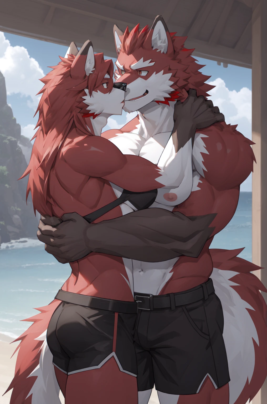 Diederich, male, wolf, red mullet hairdo, shirtless, wearing black shorts,, hd 8k. Hugging and kiss female wife wolf, red fur, long red hair, busty, wearing a black bikini, tail