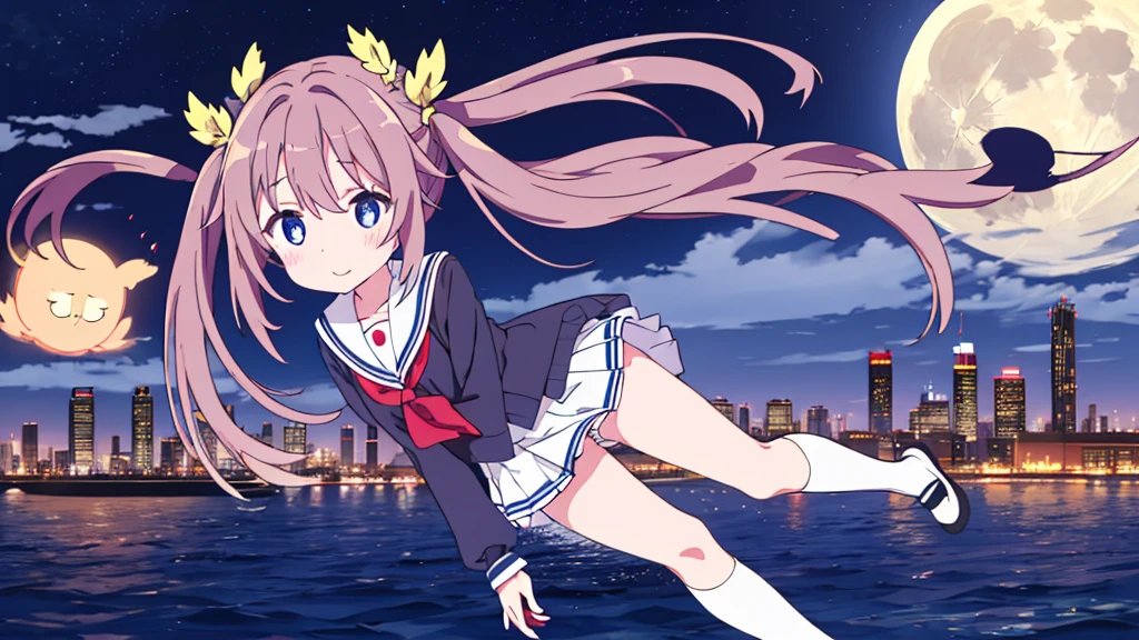 Shinjuku skyscraper district　full moon night　Big Moon　primary school girl　8 years　flat chest　black fur　wide　The eyes are purple.　（（1 person））　Cardigan over long sleeve white sailor uniform.　Navy blue full body show panties lower body