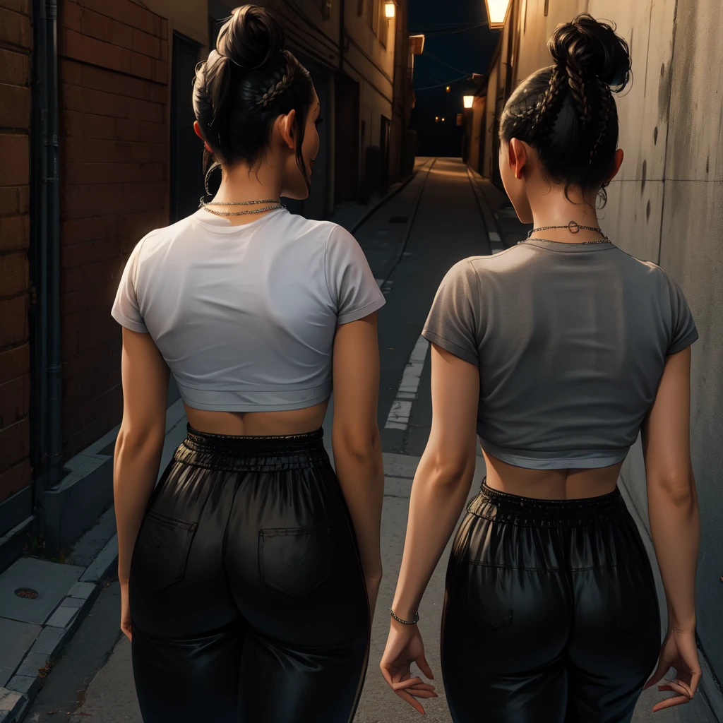 Chitose,black hair,brown eyes,short hair,ponytail,braids,short sleeves,
crop top, showing rear,black pants,necklace,street,night,alley, smile, 
(insanely detailed,masterpiece, best quality)solo,