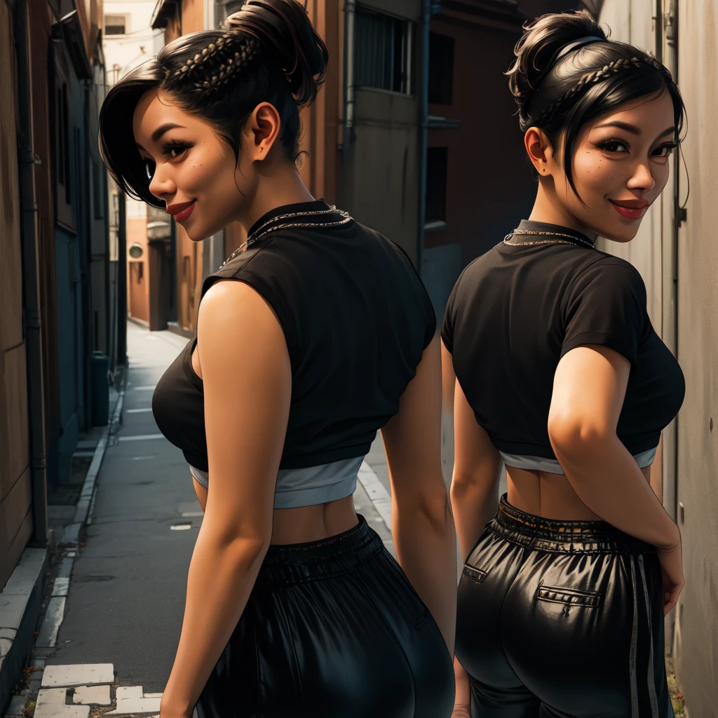 Chitose,black hair,brown eyes,short hair,ponytail,braids,short sleeves,
crop top, showing rear,black pants,necklace,street,night,alley, smile, 
(insanely detailed,masterpiece, best quality)solo,