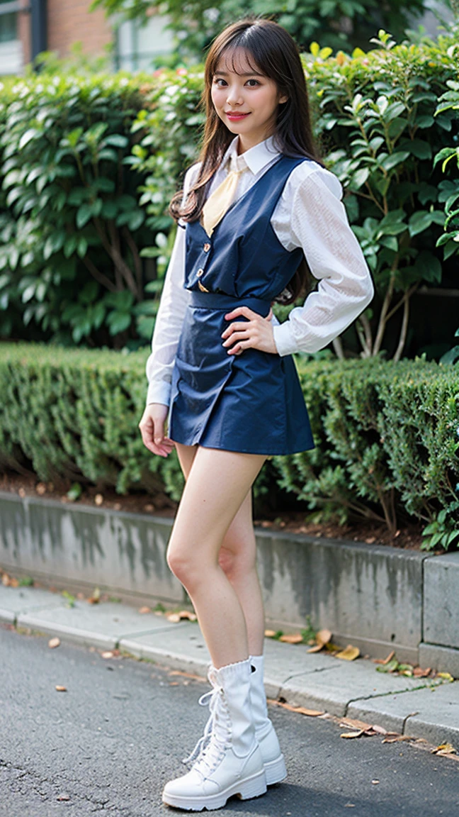 (8k、RAW Photos、Highest quality、masterpiece:1.2)、(Highest quality、Realistic)、1 Girl、((High 、mini skirt、チェックmini skirt、Idol Costume、ribbon、See-through、Thin legs、whole body、boots、garden、View from the front、Looking into the camera、Stand with hands on hips))、cute