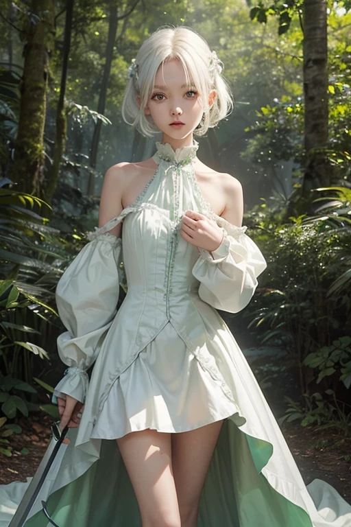 15 year old girl, , slim, flat chest, short white hair, extremely curly, perfect face, short dress, green color, Victorian, long sleeve, to the neck, showing her legs, holds a short sword with both hands. In a forest, at night.