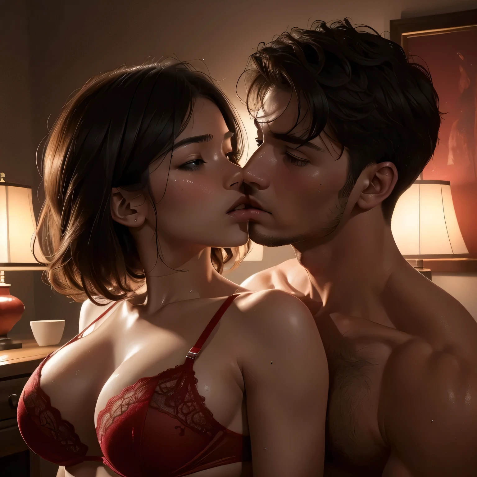 (best quality,highres,ultra-detailed,realistic:1.37),portrait,shirtless boy passionately kissing a woman in intense scene,sexy red lingerie,unbuttoned sheer white shirt,dark room with warm lighting,sweaty and lustful,erotic,passionate making out [intimate details],one lamp,]