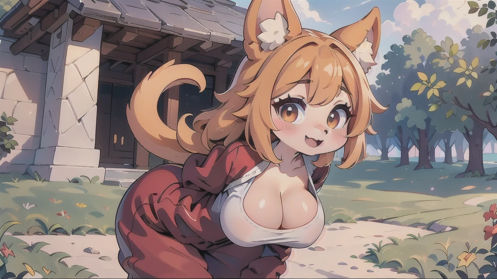 ((masterpiece, best quality)), (anthro furry:1.3, snout:1.2, anthro:1.3, furry:1.2, closeup:1.2, solo female:1.2, cleavage, leaning forward, smile, red), no top, sweatpants