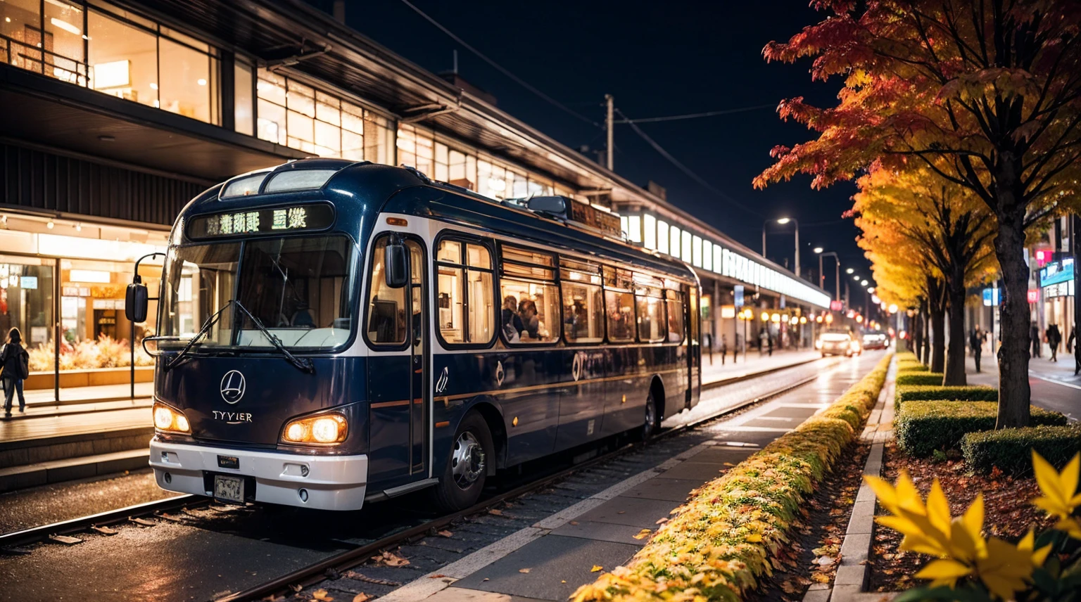 Skyliner 32, autumnの葉で覆われた通りに駐車されたスポーツカー (city:1.3), autumn, Global Illumination, Volumetric lighting, Highest quality, Very detailed, CG, figure, Octane Rendering,